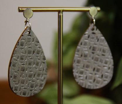 Silver Etched Burnt Wood Teardrop Earrings