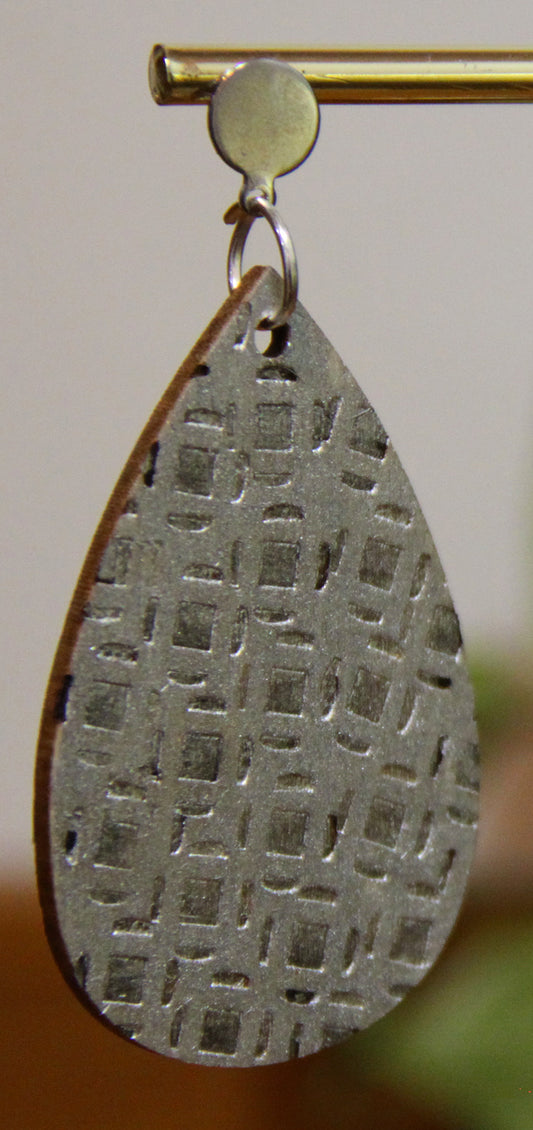 Silver Etched Burnt Wood Teardrop Earrings