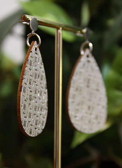 Silver Etched Burnt Wood Teardrop Earrings