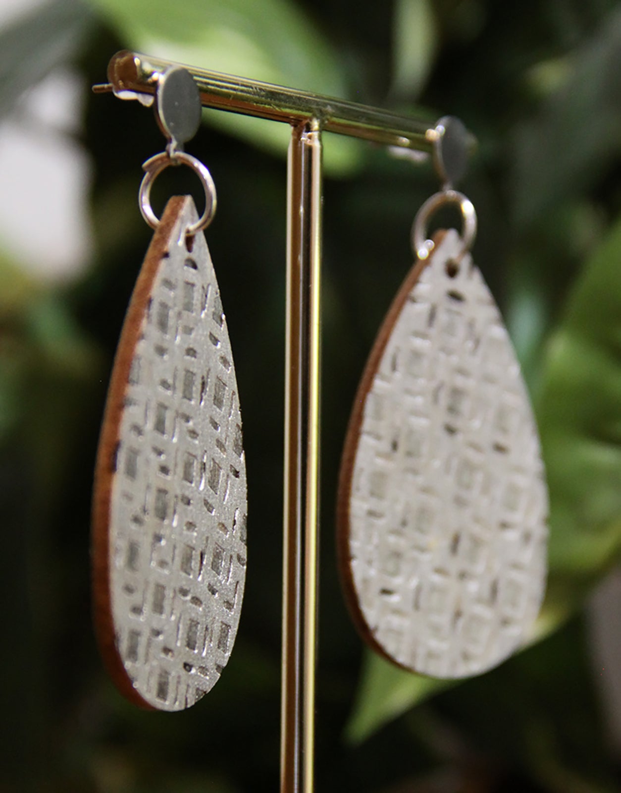 Silver Etched Burnt Wood Teardrop Earrings