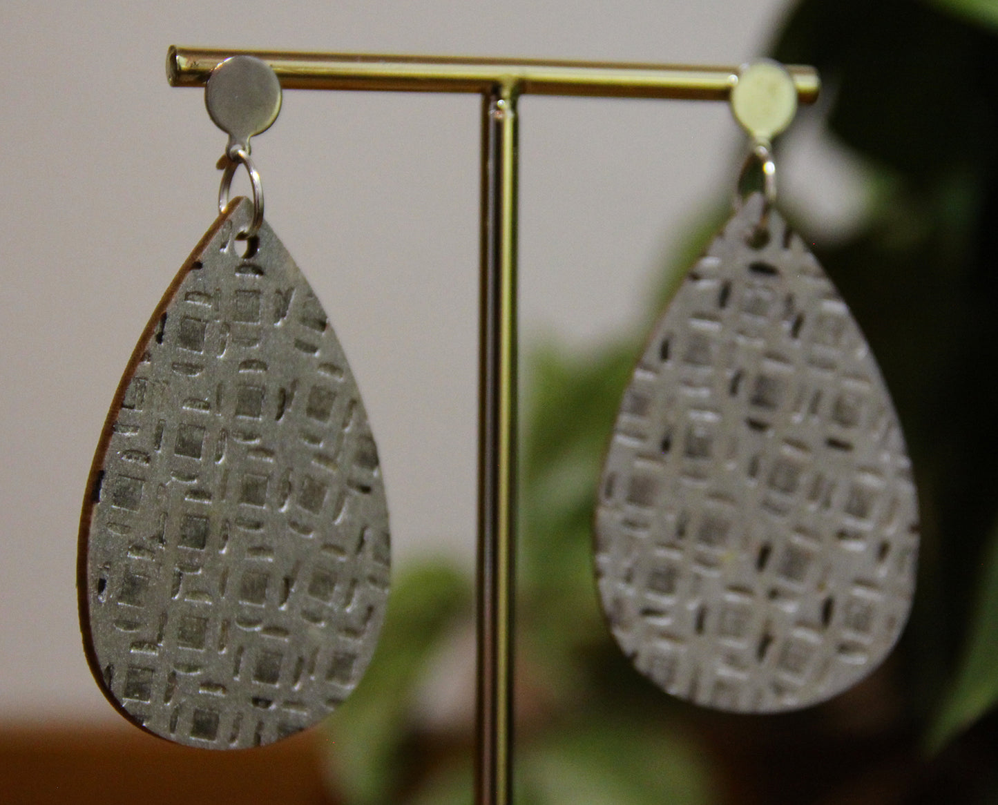 Silver Etched Burnt Wood Teardrop Earrings
