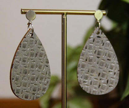Silver Etched Burnt Wood Teardrop Earrings