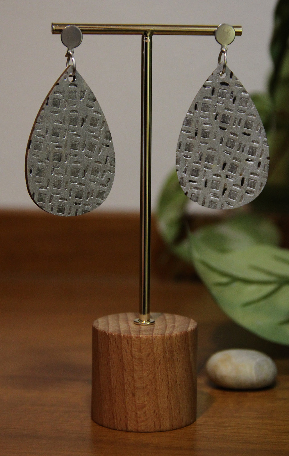 Silver Etched Burnt Wood Teardrop Earrings