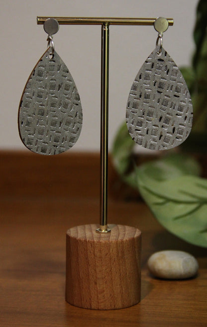 Silver Etched Burnt Wood Teardrop Earrings