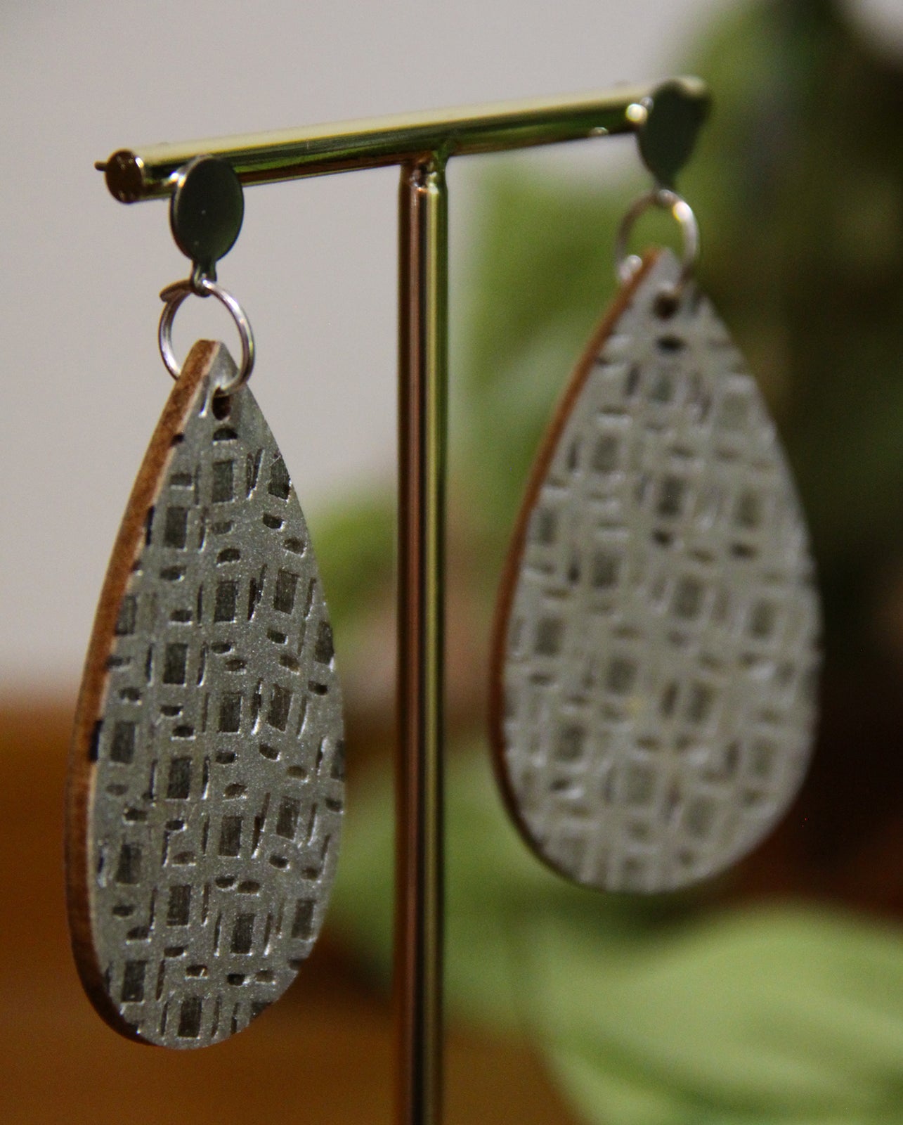 Silver Etched Burnt Wood Teardrop Earrings