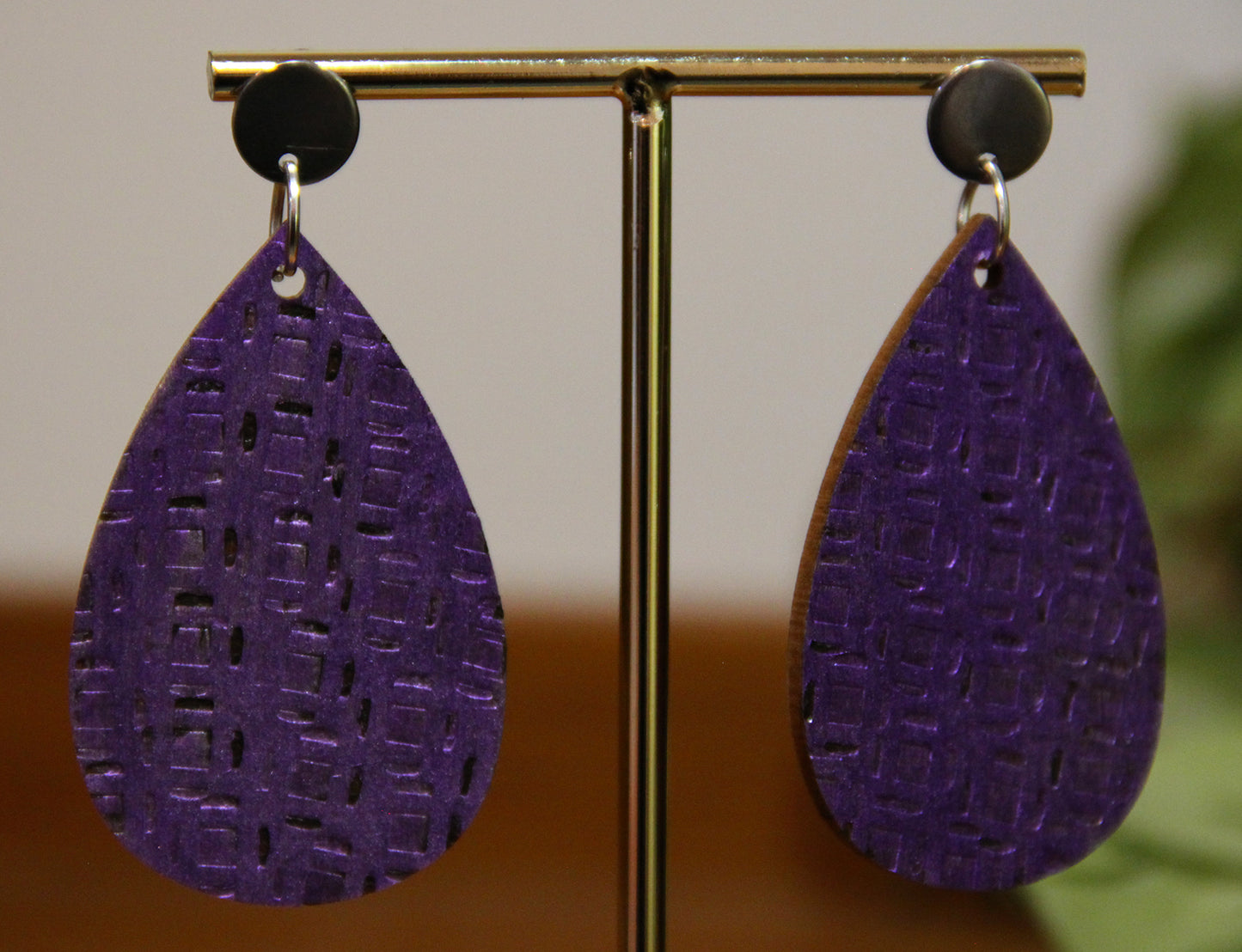 Purple Etched Burnt Wood Teardrop Earrings
