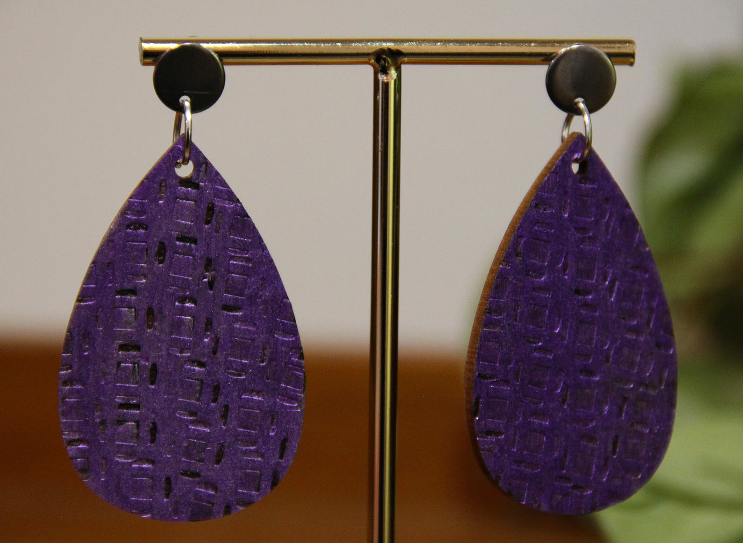 Purple Etched Burnt Wood Teardrop Earrings