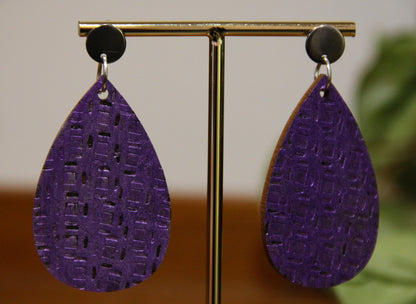 Purple Etched Burnt Wood Teardrop Earrings