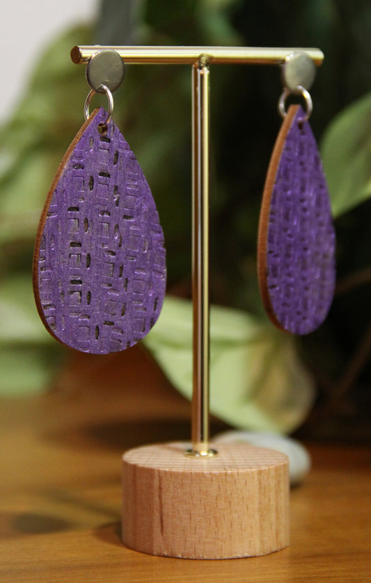 Purple Etched Burnt Wood Teardrop Earrings