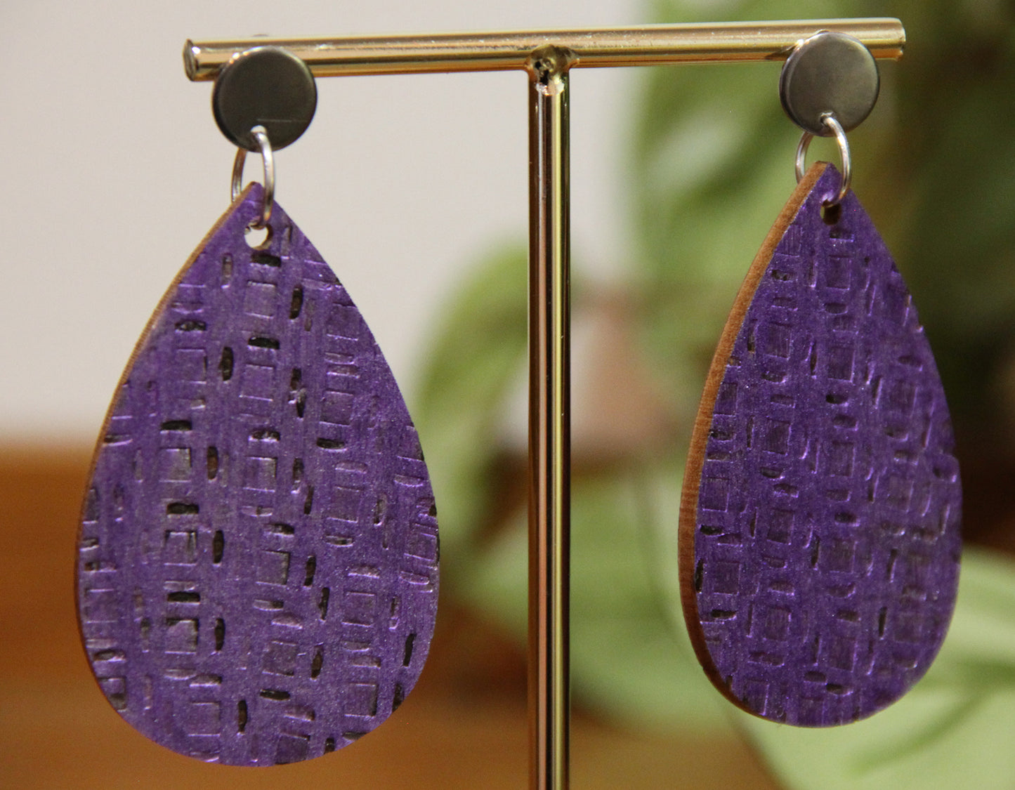 Purple Etched Burnt Wood Teardrop Earrings