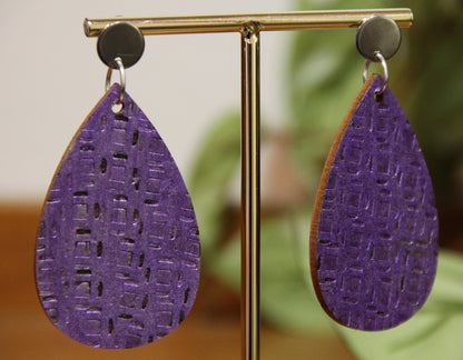 Purple Etched Burnt Wood Teardrop Earrings