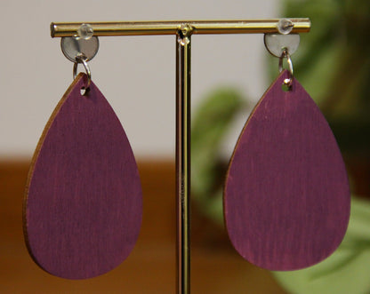 Purple Etched Burnt Wood Teardrop Earrings