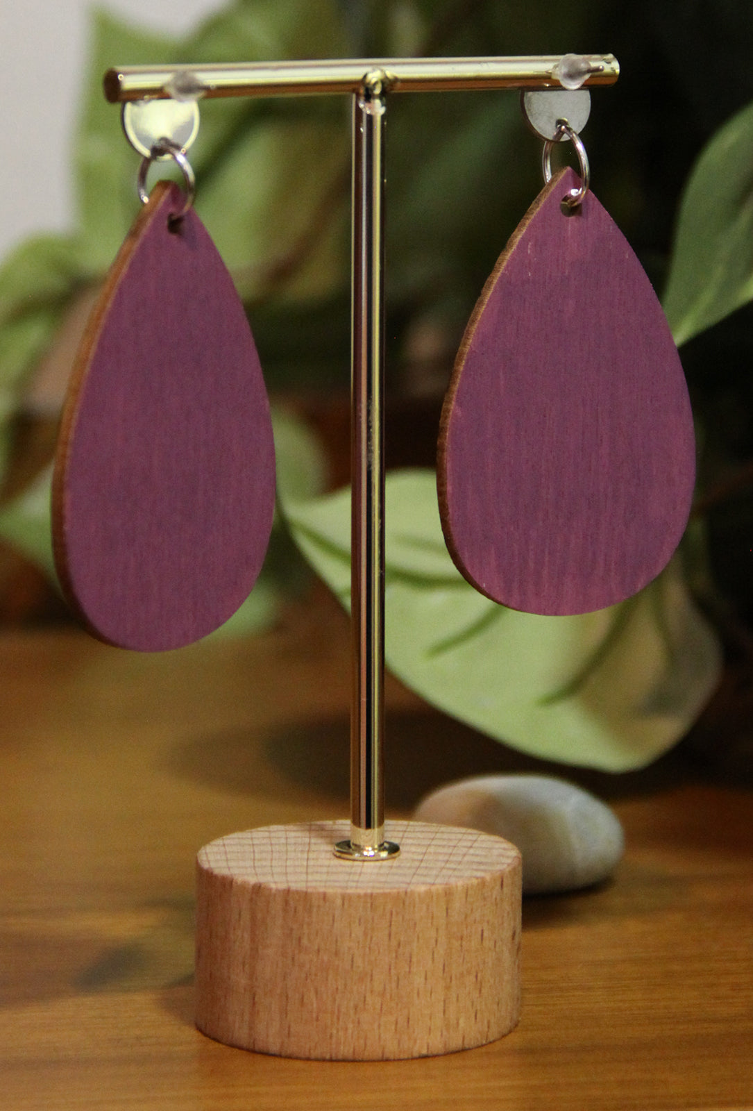 Purple Etched Burnt Wood Teardrop Earrings