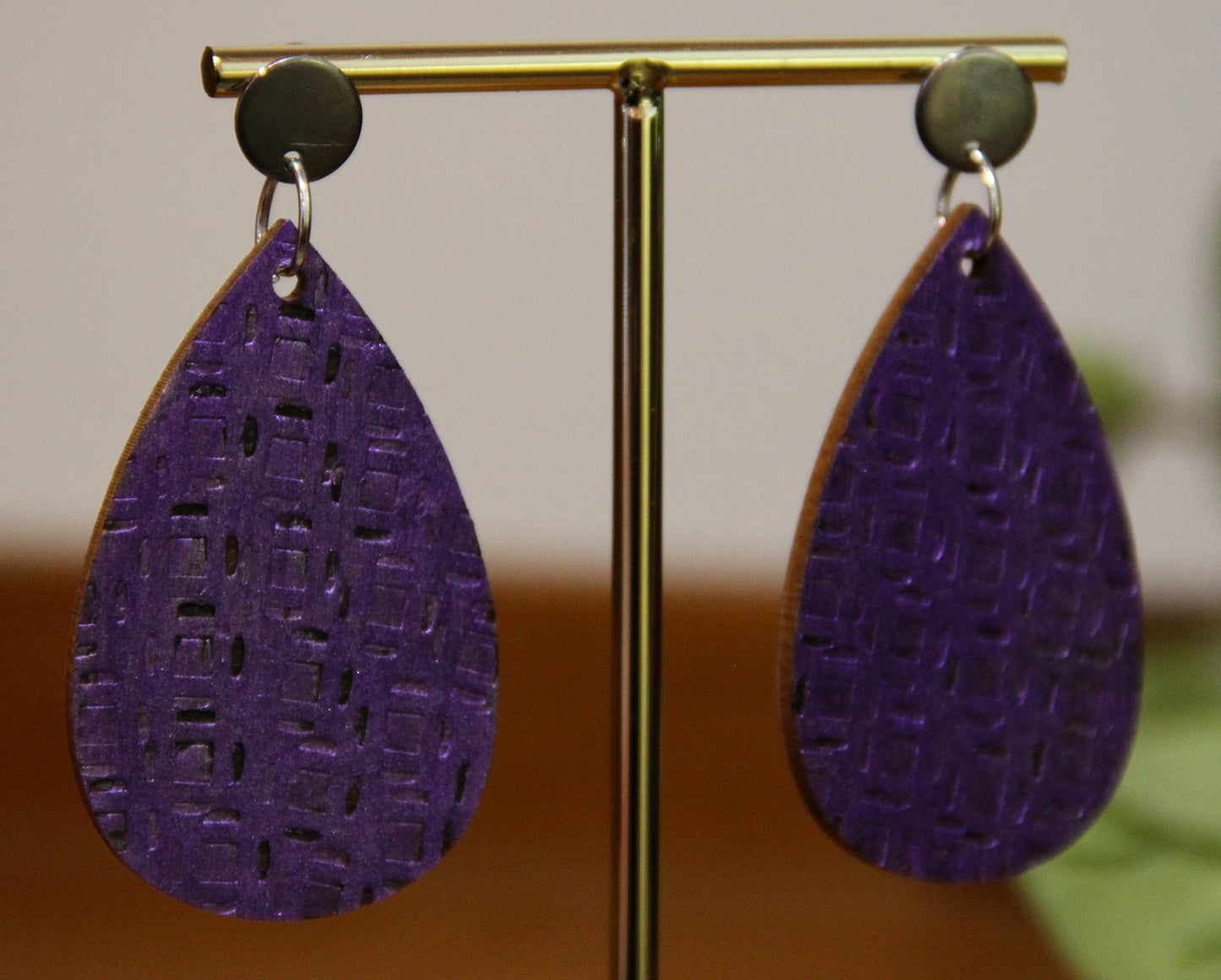 Purple Etched Burnt Wood Teardrop Earrings