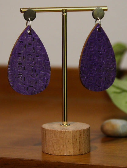 Purple Etched Burnt Wood Teardrop Earrings