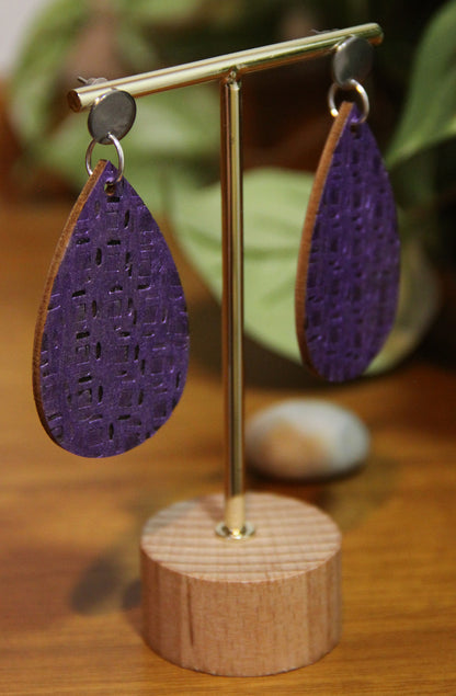 Purple Etched Burnt Wood Teardrop Earrings