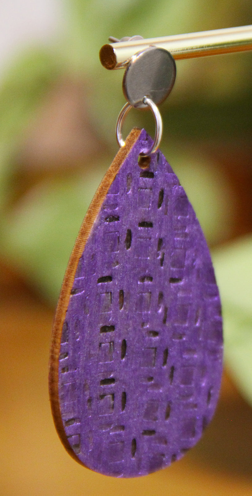 Purple Etched Burnt Wood Teardrop Earrings