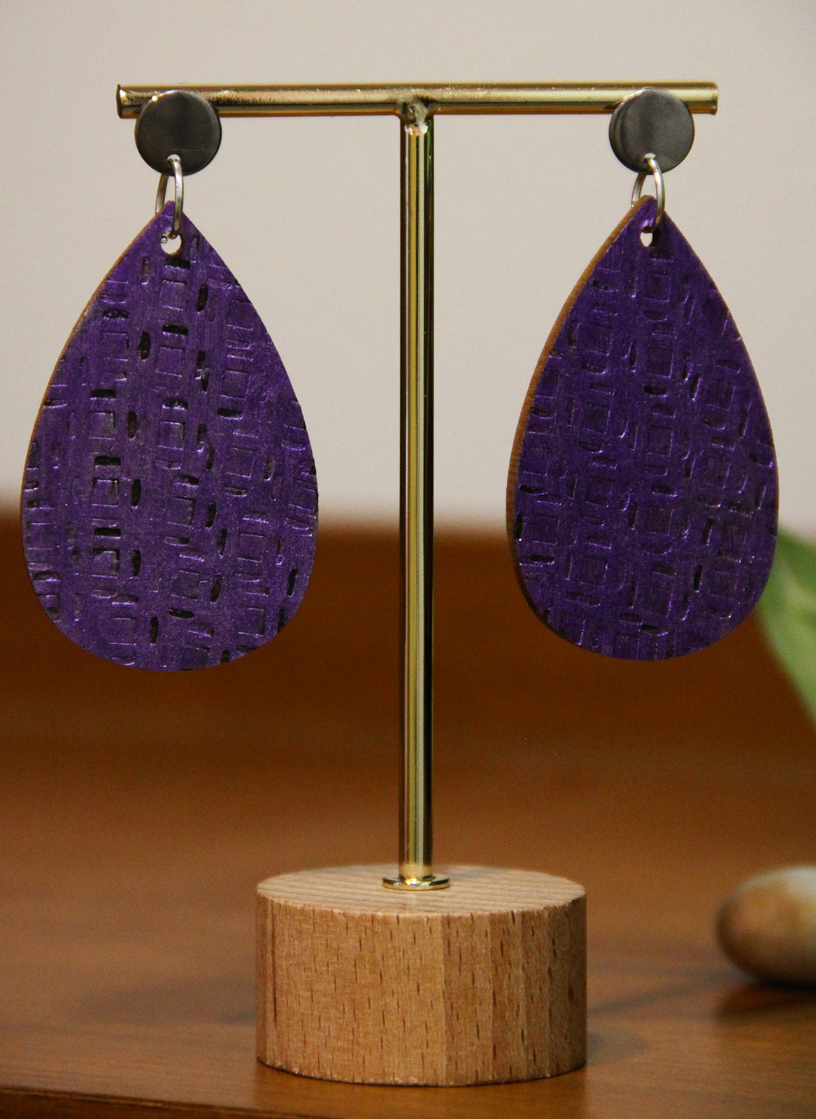 Purple Etched Burnt Wood Teardrop Earrings