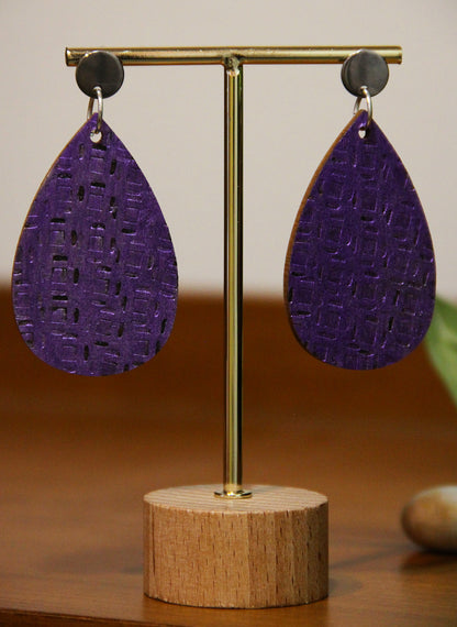 Purple Etched Burnt Wood Teardrop Earrings