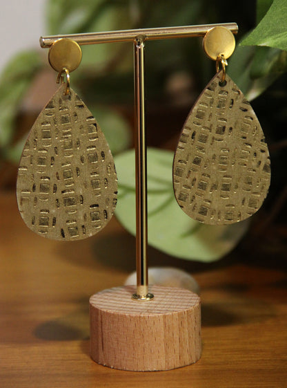Gold Etched Burnt Wood Teardrop Earrings