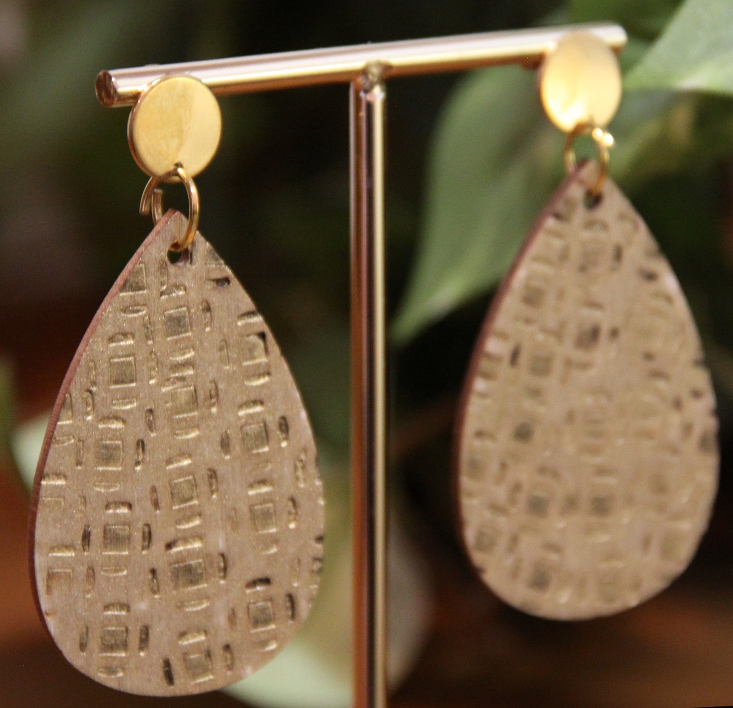 Gold Etched Burnt Wood Teardrop Earrings