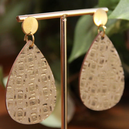 Gold Etched Burnt Wood Teardrop Earrings