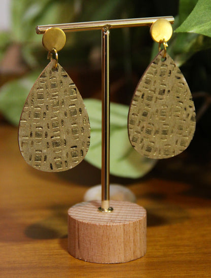 Gold Etched Burnt Wood Teardrop Earrings