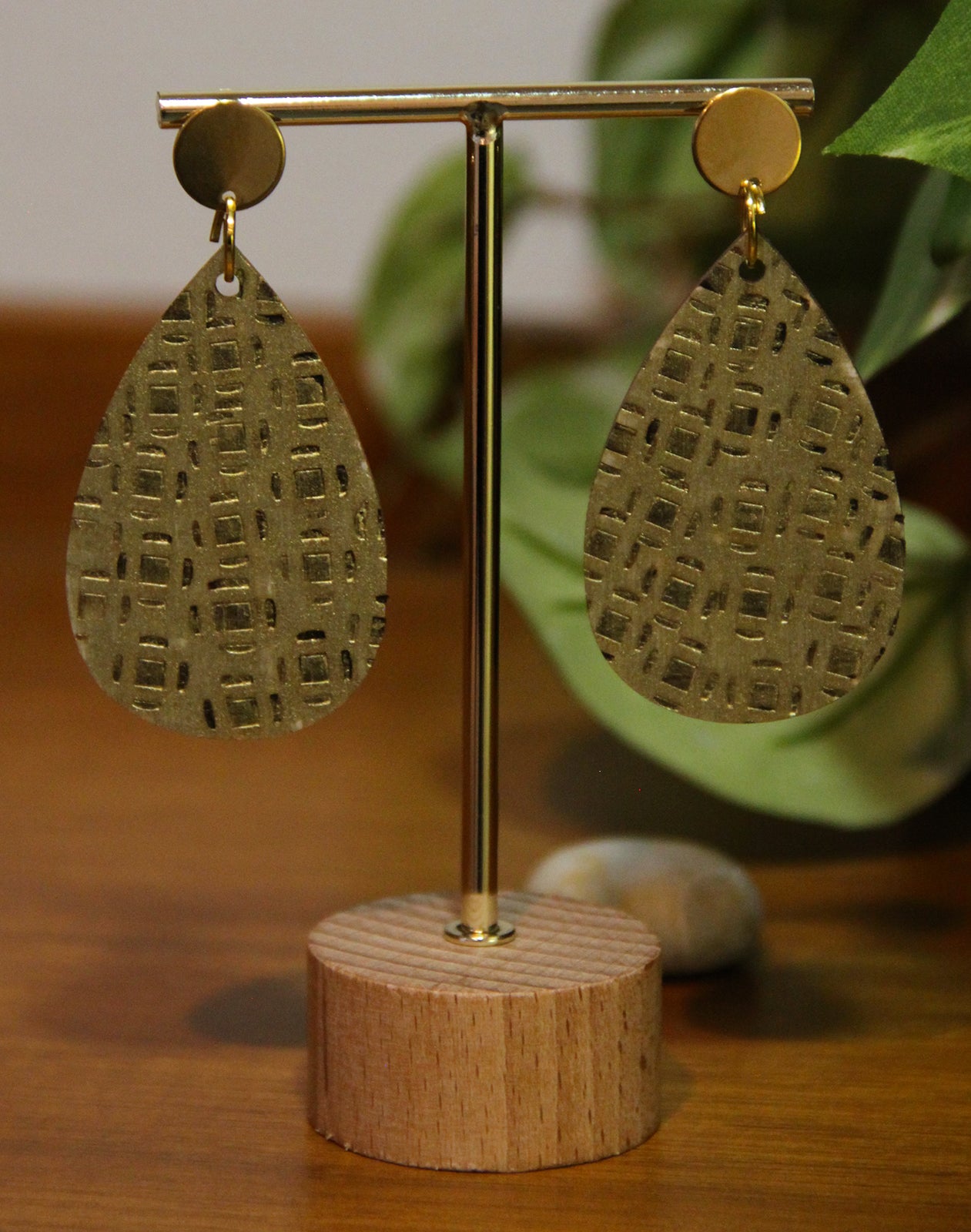 Gold Etched Burnt Wood Teardrop Earrings