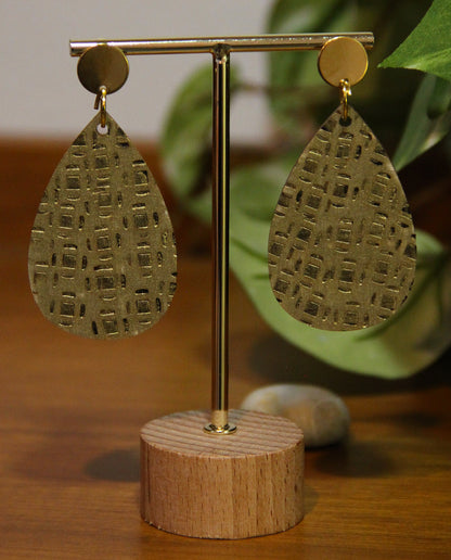 Gold Etched Burnt Wood Teardrop Earrings