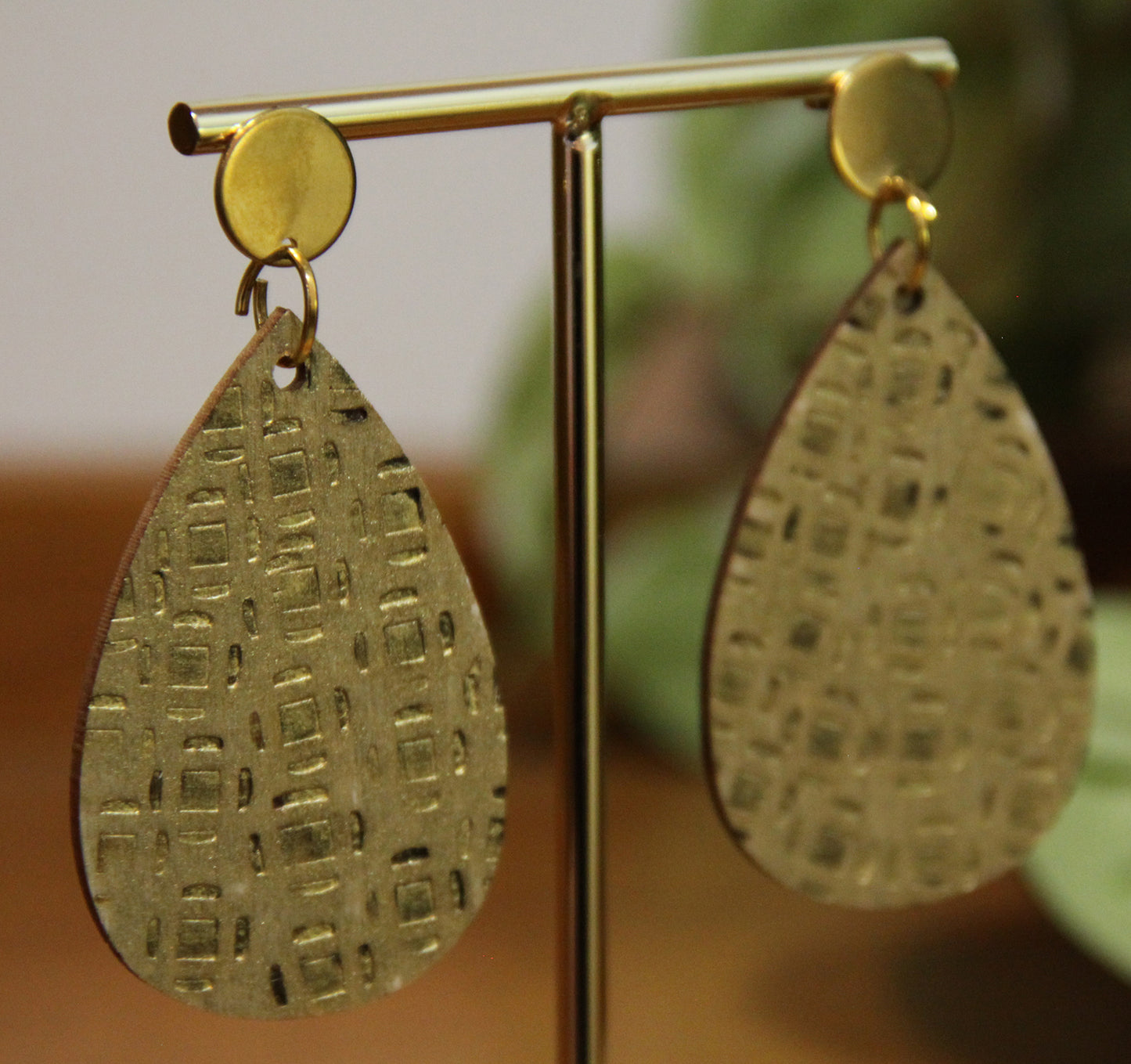 Gold Etched Burnt Wood Teardrop Earrings
