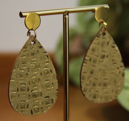 Gold Etched Burnt Wood Teardrop Earrings