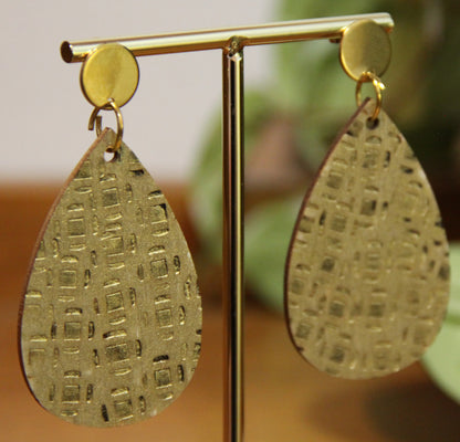 Gold Etched Burnt Wood Teardrop Earrings