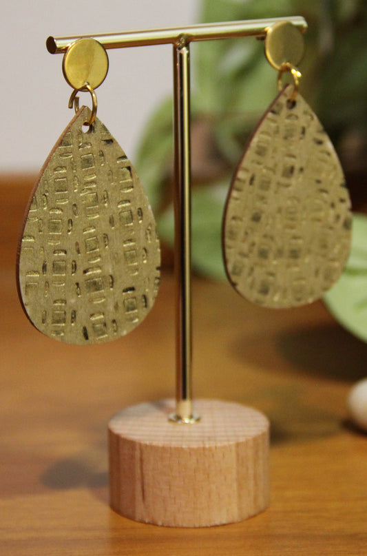 Gold Etched Burnt Wood Teardrop Earrings