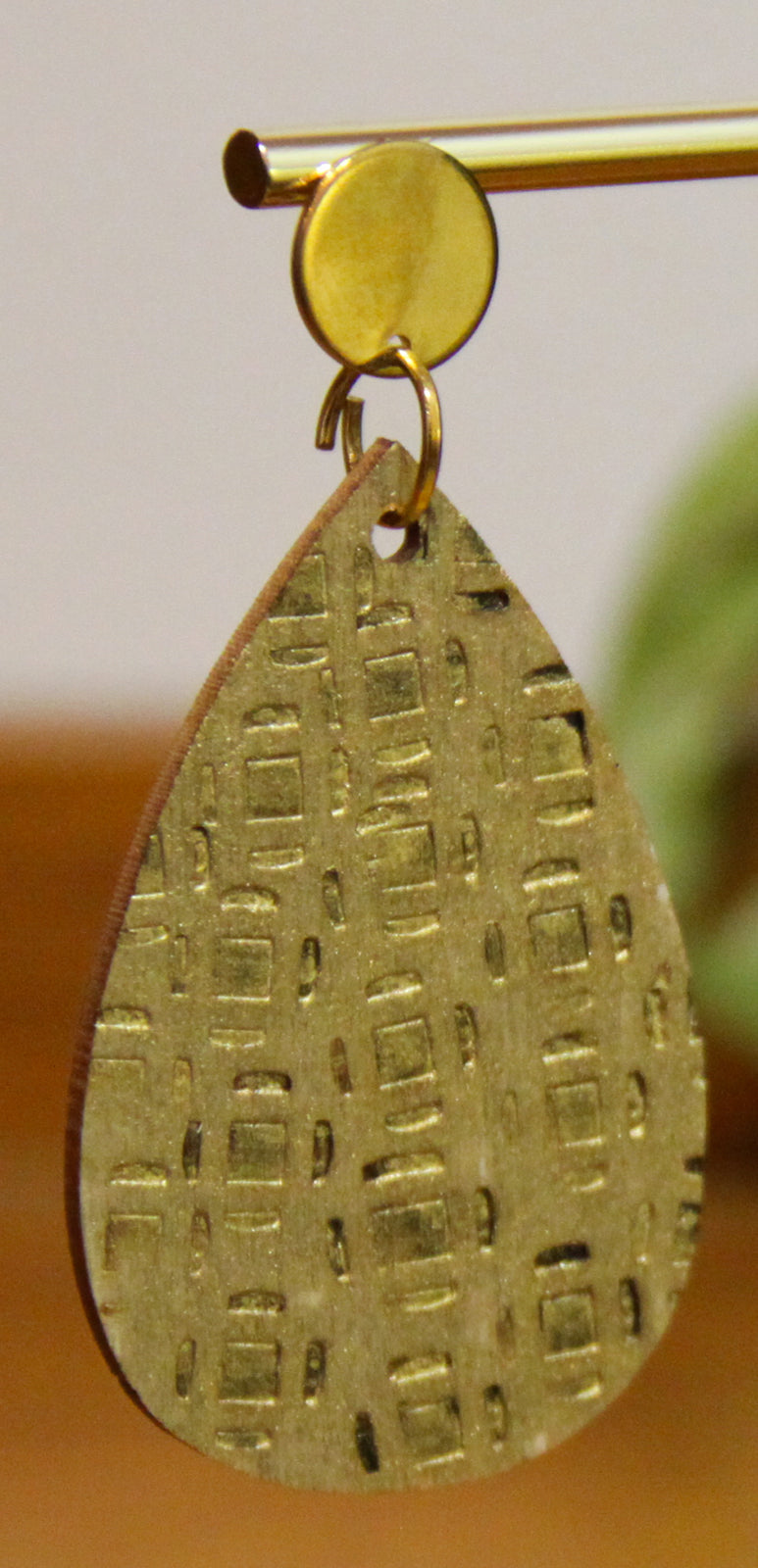 Gold Etched Burnt Wood Teardrop Earrings