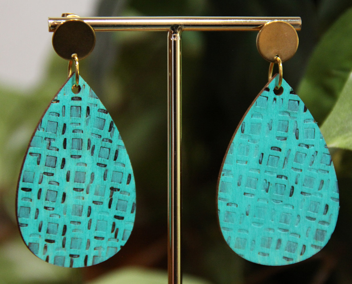 Teal Etched Burnt Wood Teardrop Earrings