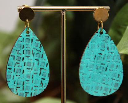 Teal Etched Burnt Wood Teardrop Earrings