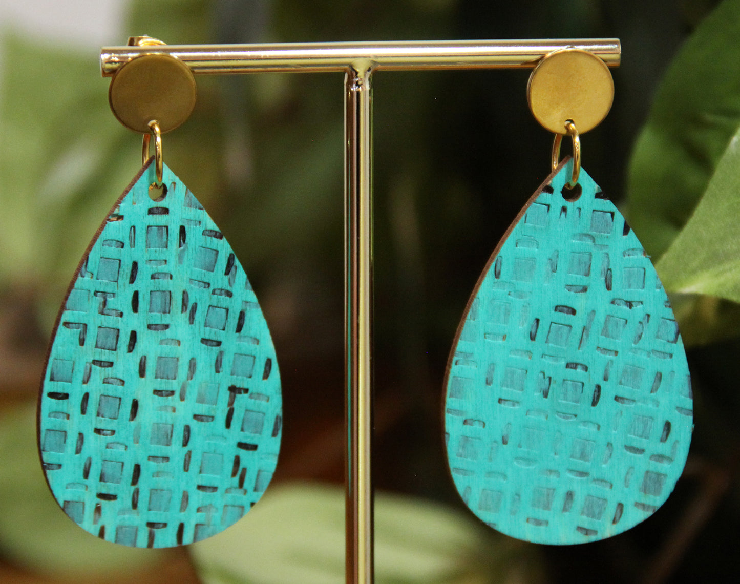 Teal Etched Burnt Wood Teardrop Earrings