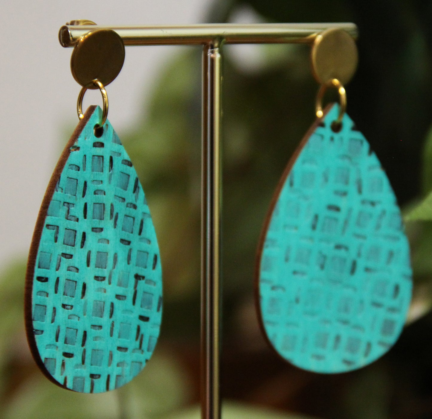 Teal Etched Burnt Wood Teardrop Earrings
