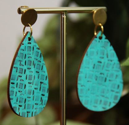 Teal Etched Burnt Wood Teardrop Earrings