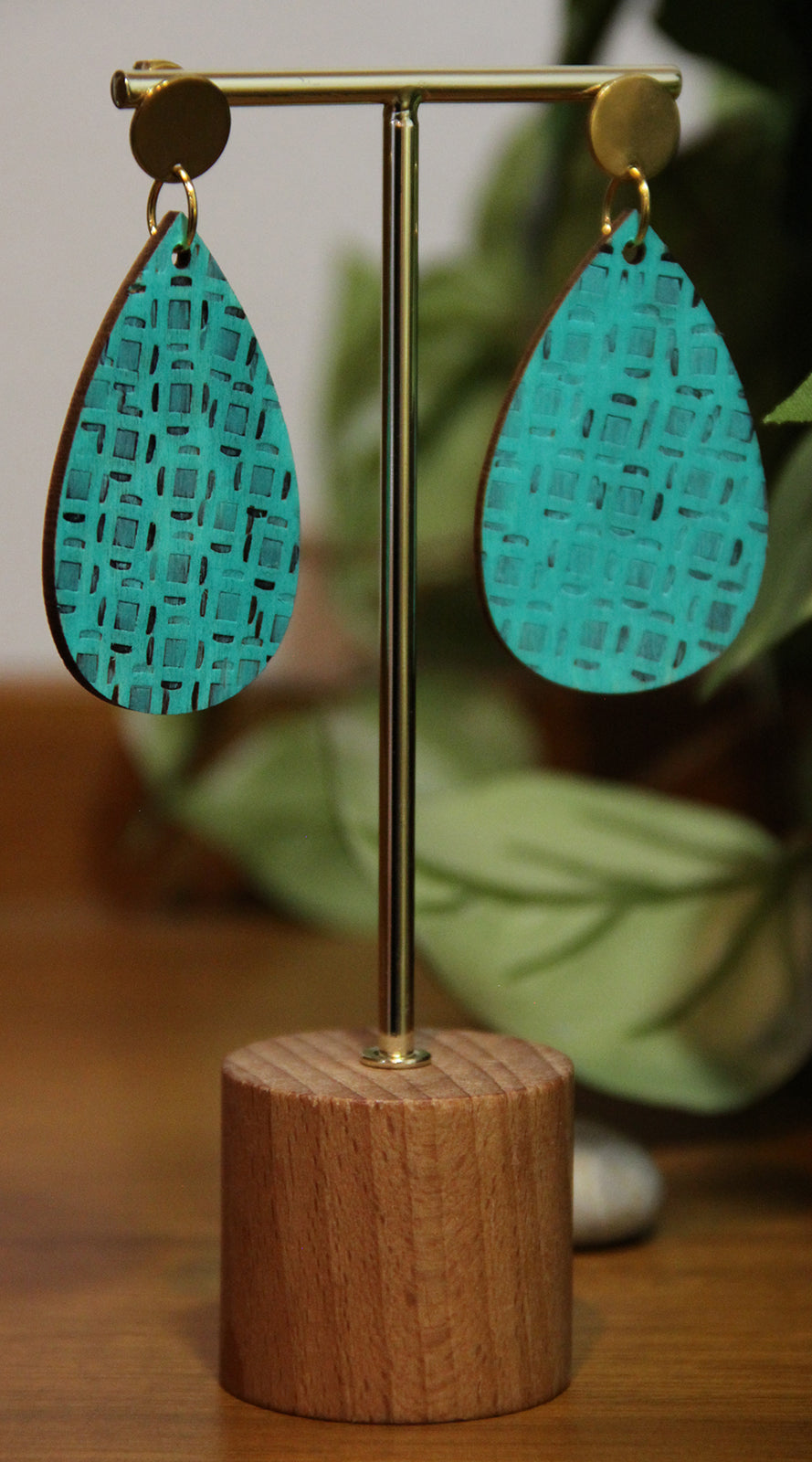 Teal Etched Burnt Wood Teardrop Earrings