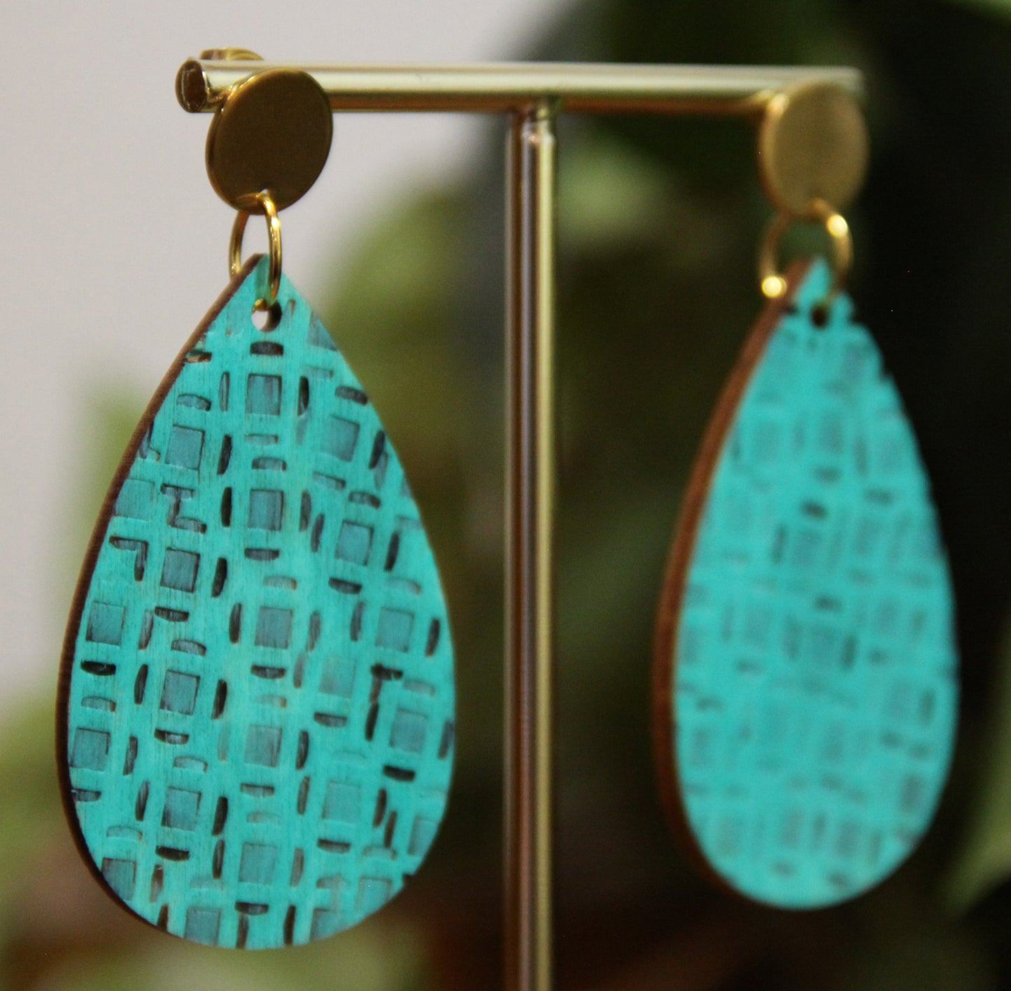Teal Etched Burnt Wood Teardrop Earrings