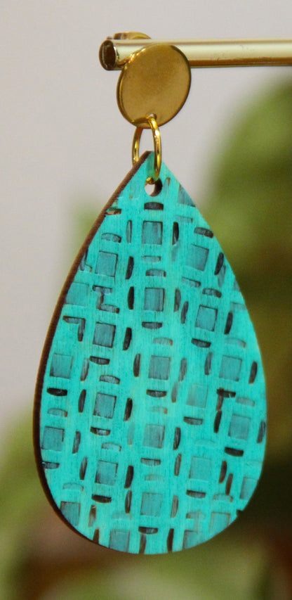 Teal Etched Burnt Wood Teardrop Earrings