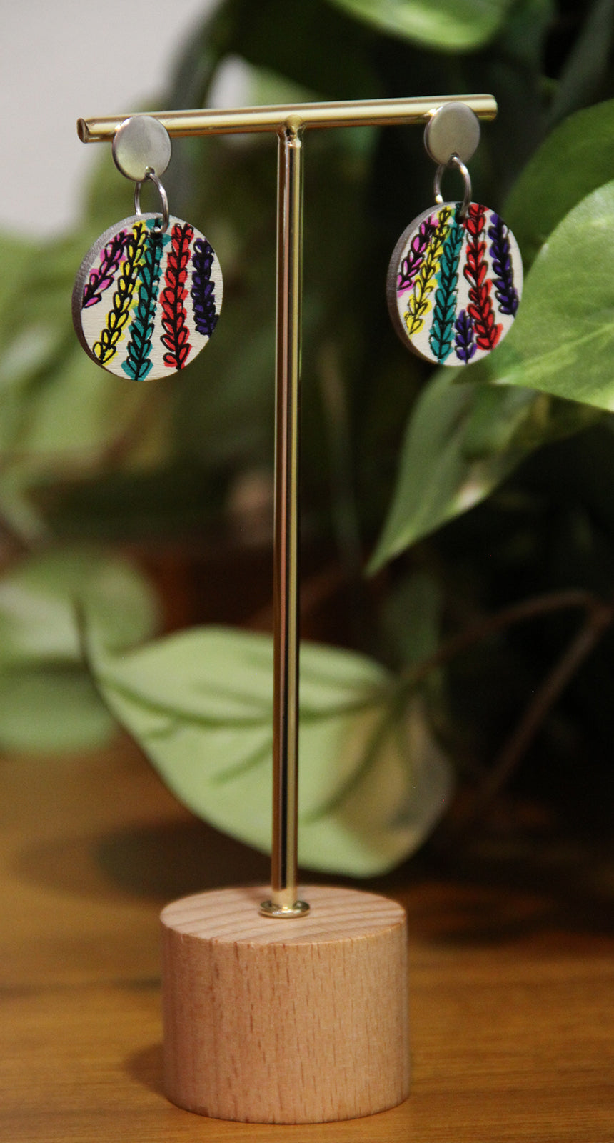 Floral Pink, Red, Yellow and Purple Circular Earrings