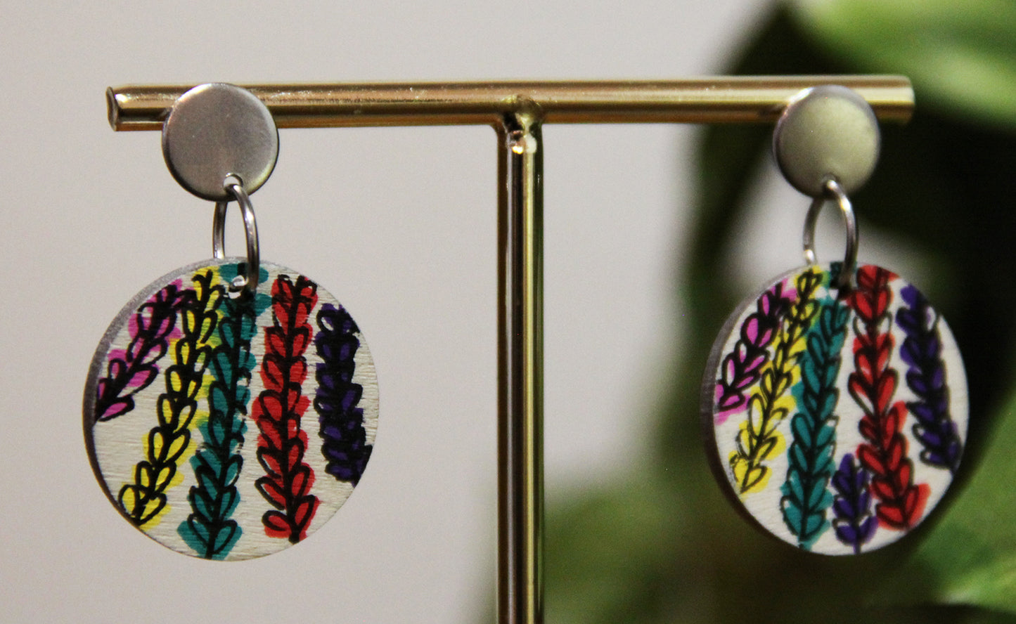 Floral Pink, Red, Yellow and Purple Circular Earrings