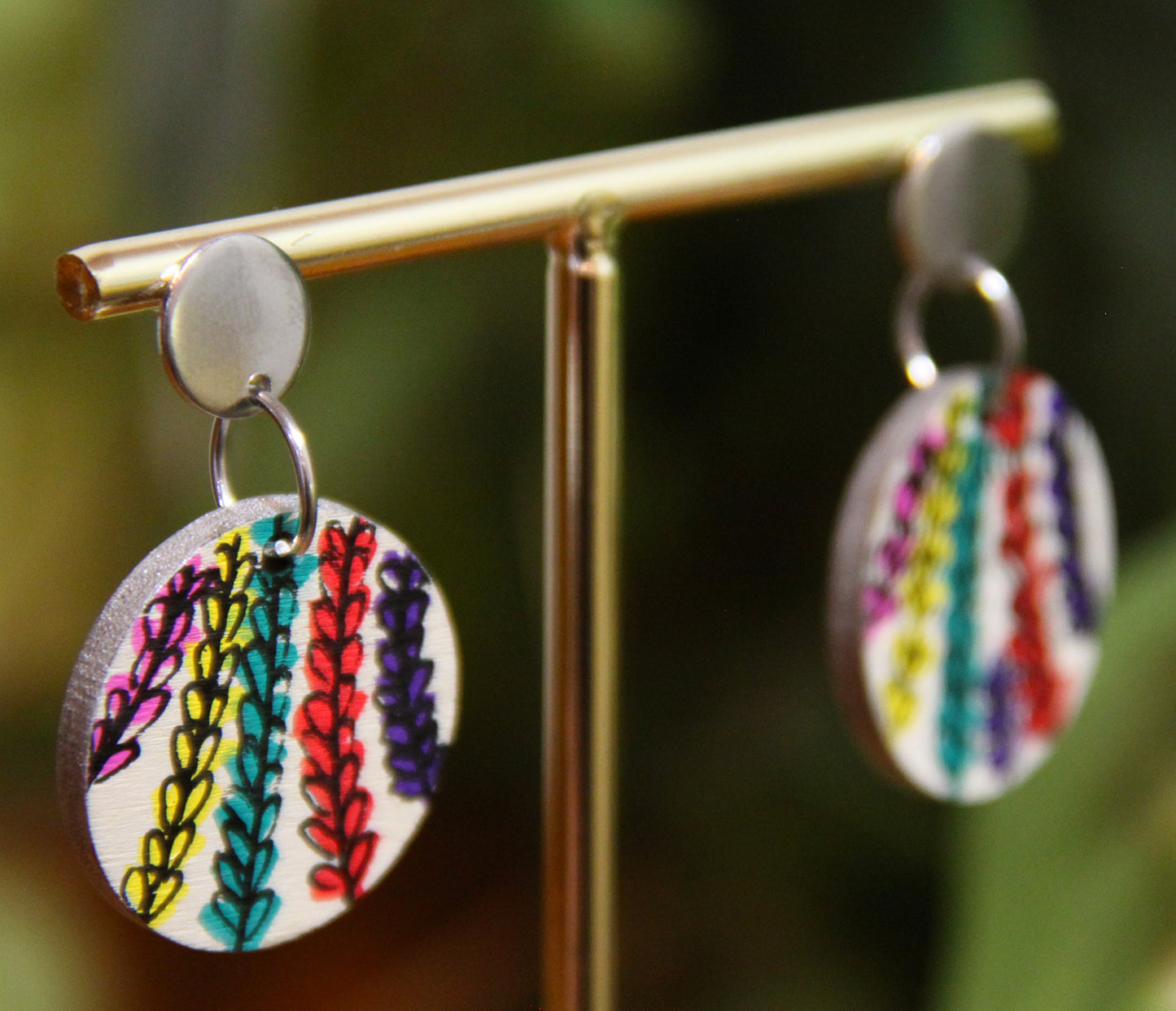 Floral Pink, Red, Yellow and Purple Circular Earrings