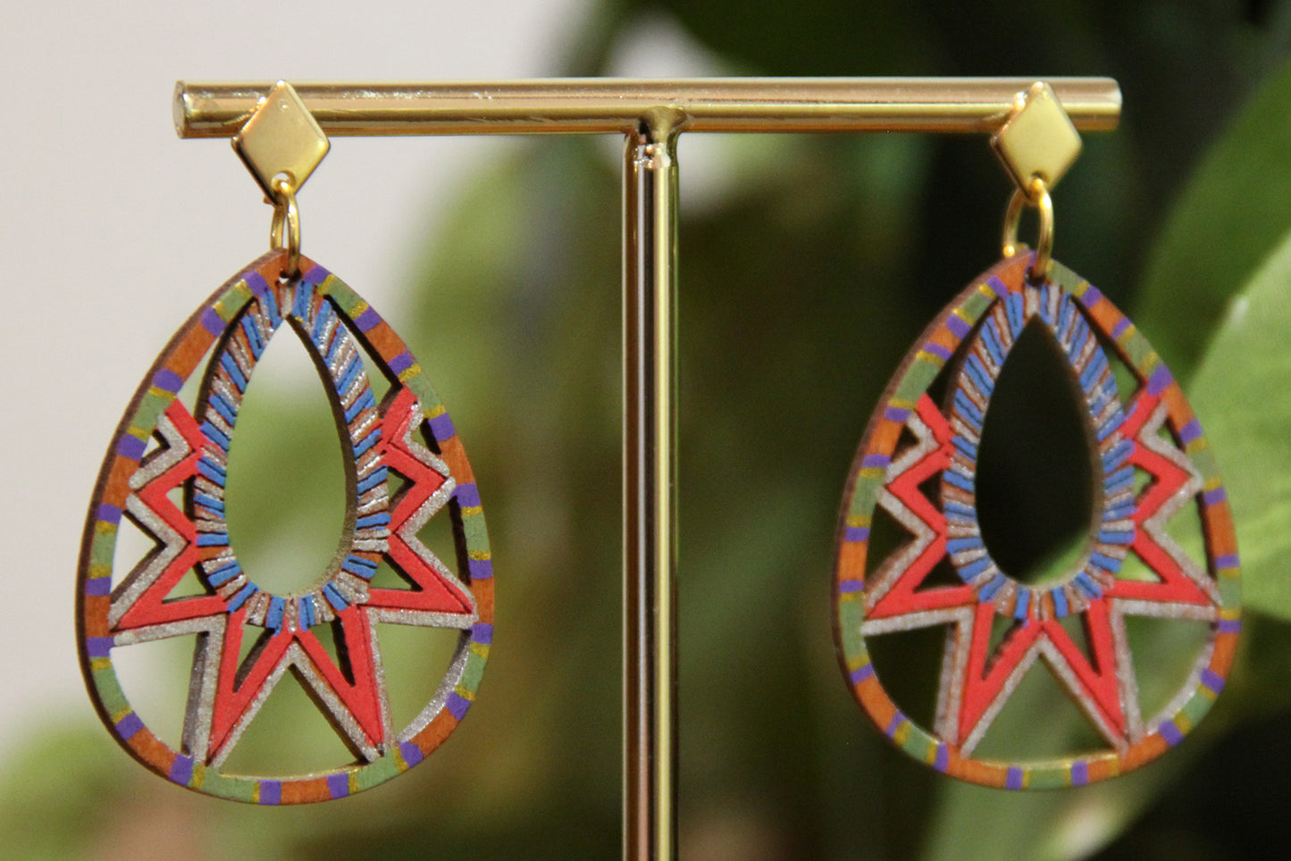 Blue, Red, Silver and Gold Teardrop Filigree Earrings