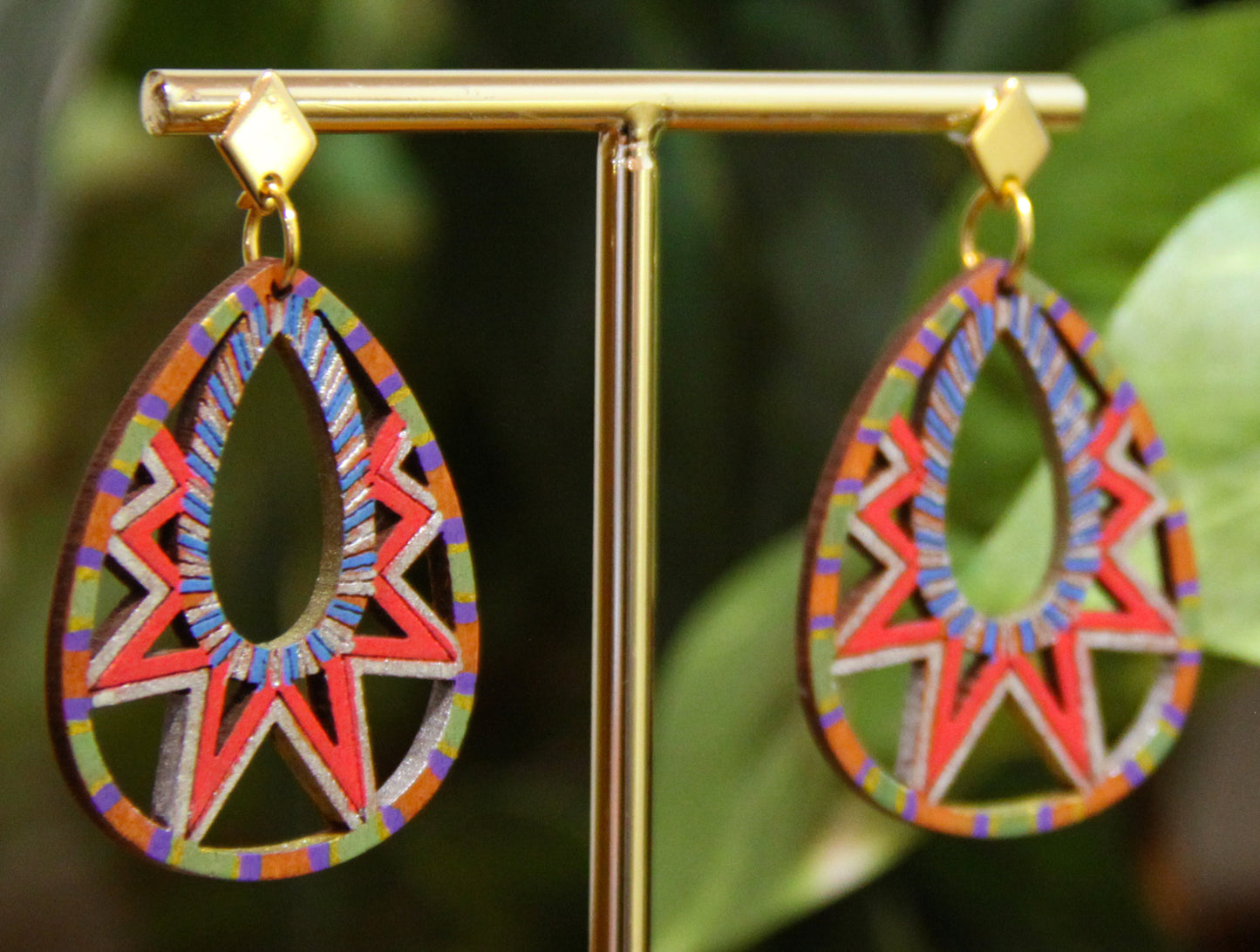 Blue, Red, Silver and Gold Teardrop Filigree Earrings
