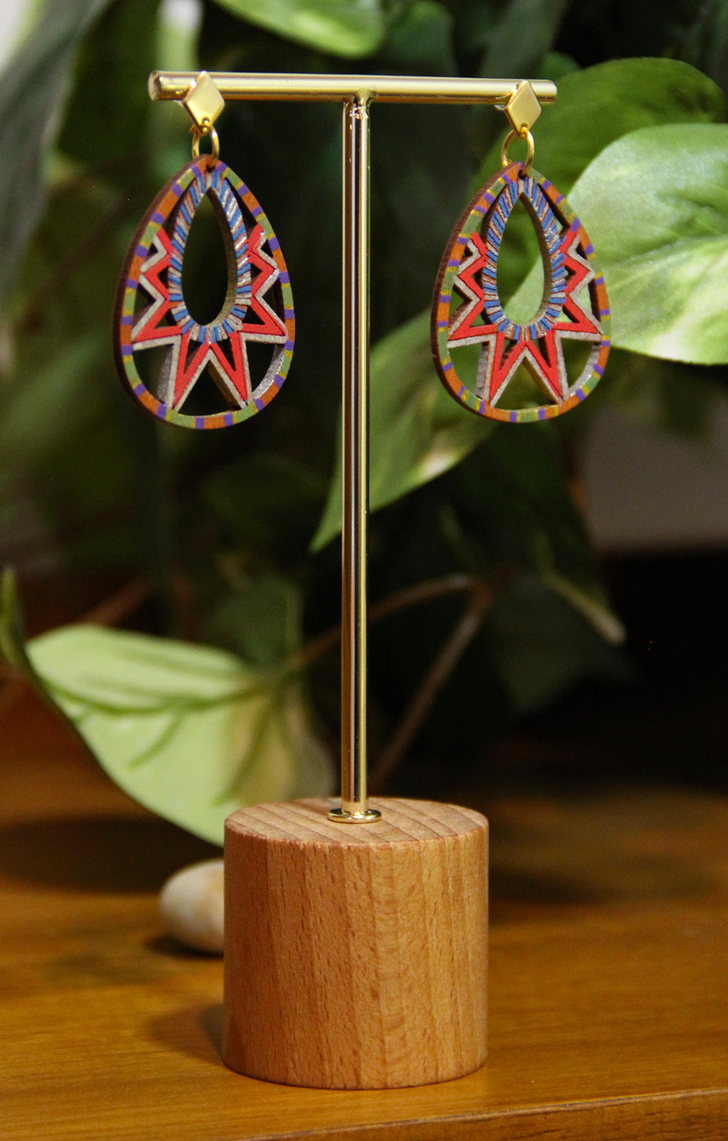 Blue, Red, Silver and Gold Teardrop Filigree Earrings