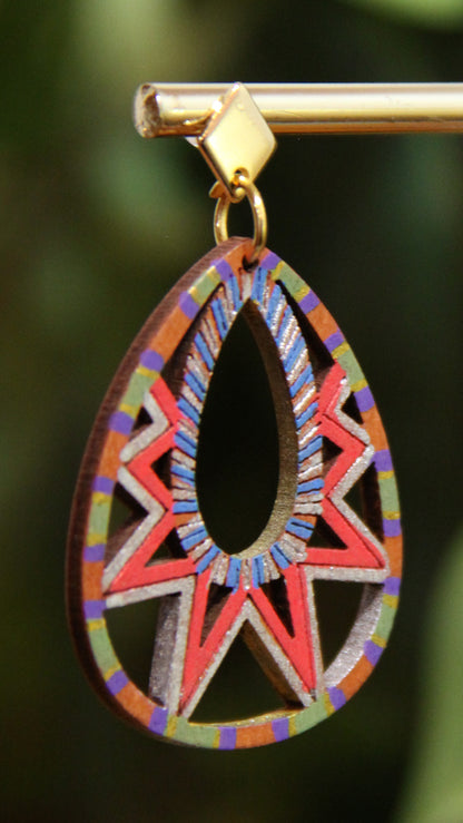 Blue, Red, Silver and Gold Teardrop Filigree Earrings