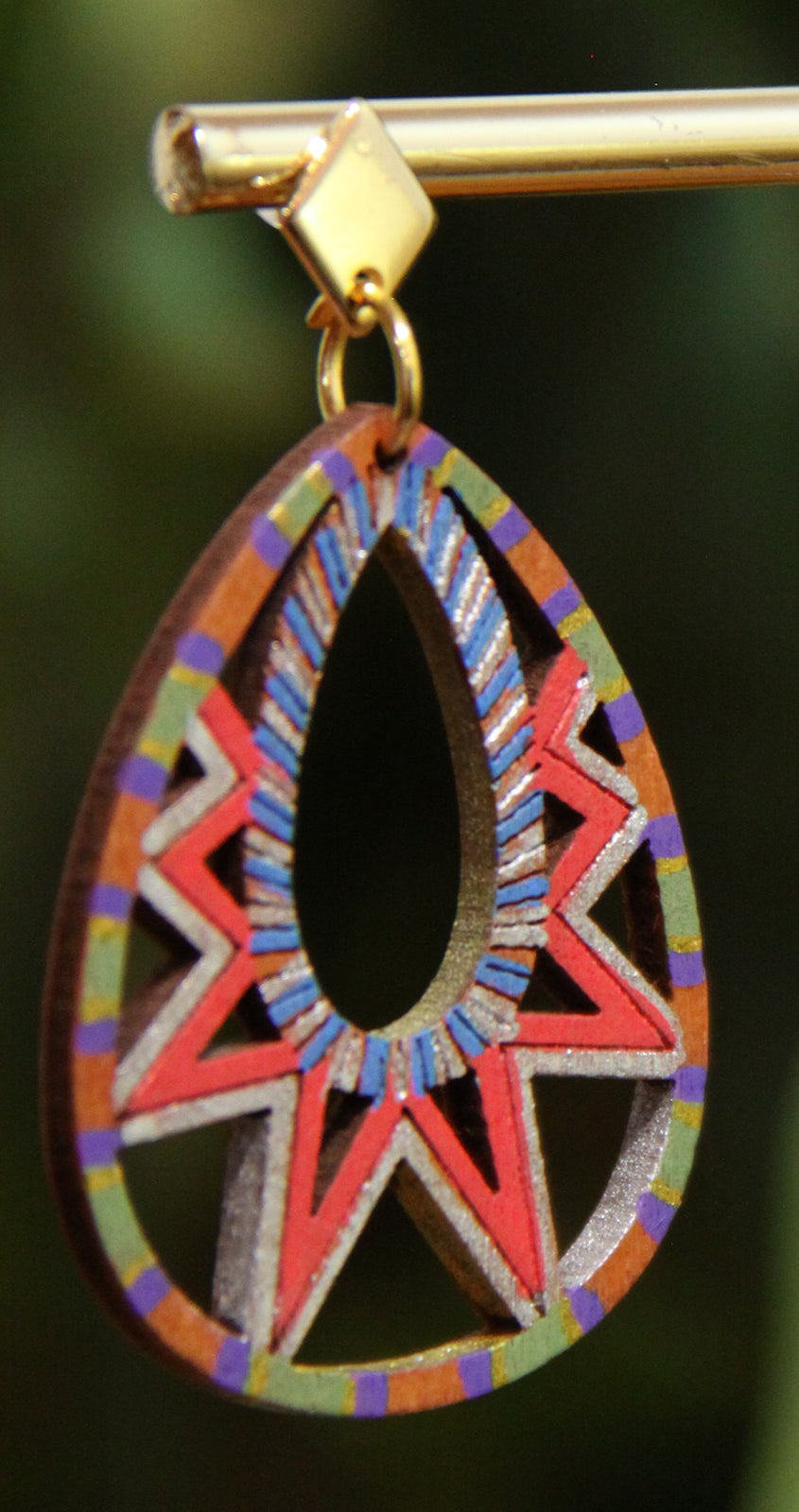 Blue, Red, Silver and Gold Teardrop Filigree Earrings